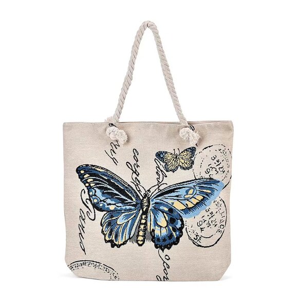 Beige/Blue Butterfly Pattern Jute Large Tote Bag - Picture 1 of 4